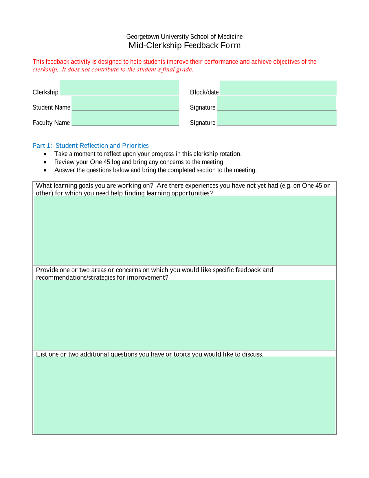 Mid Clerkship Feedback Form screenshot
