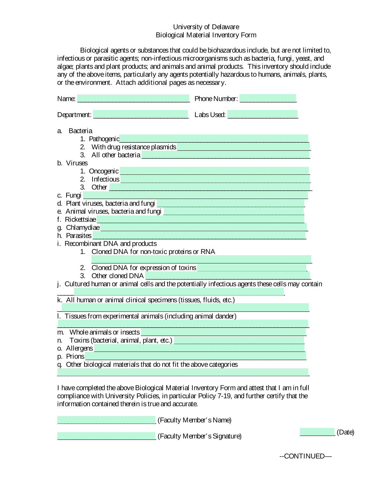 Biological Material Inventory Form screenshot