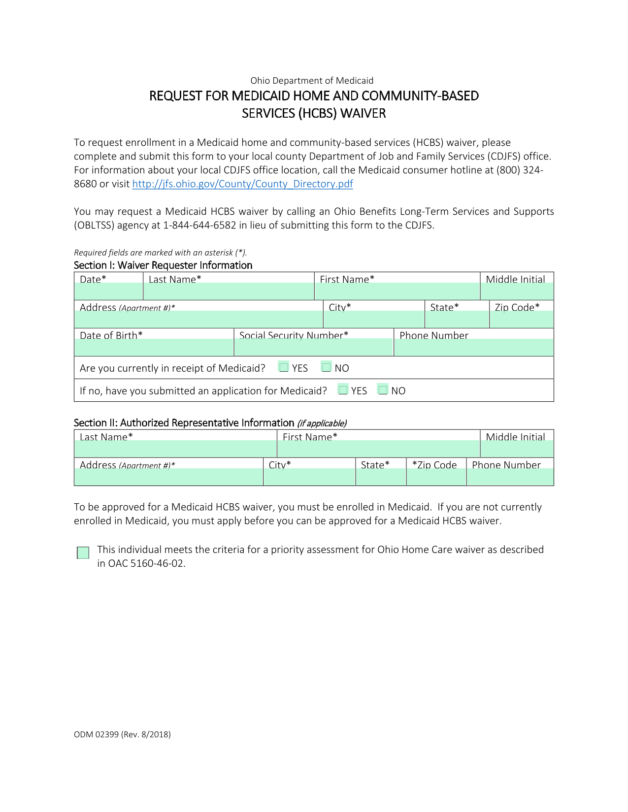 REQUEST FOR MEDICAID HOME AND COMMUNITY BASED SERVICES (HCBS) WAIVER screenshot