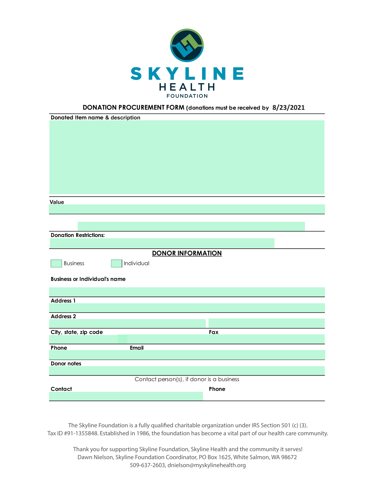 Donation Procurement Form screenshot