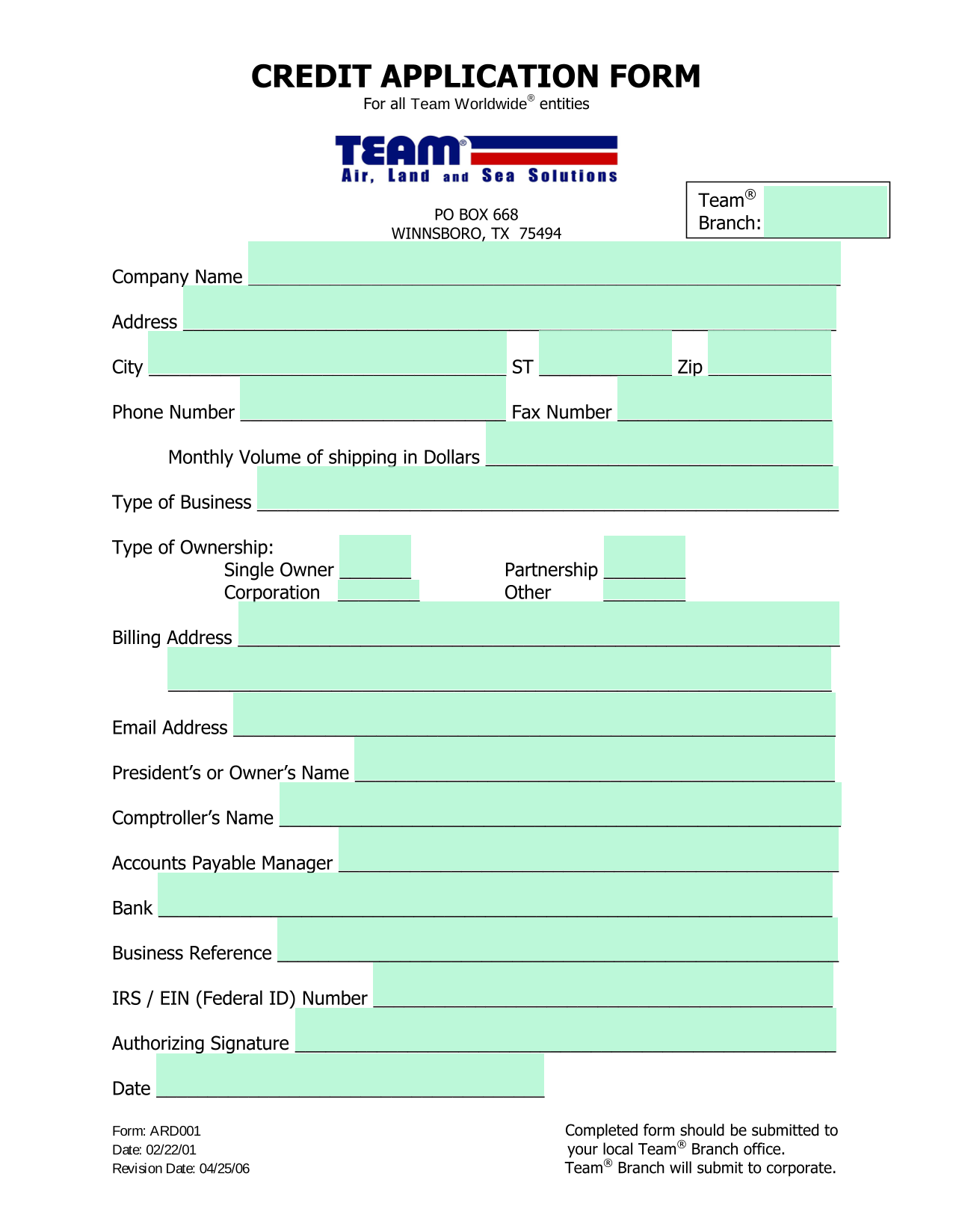CREDIT APPLICATION FORM screenshot