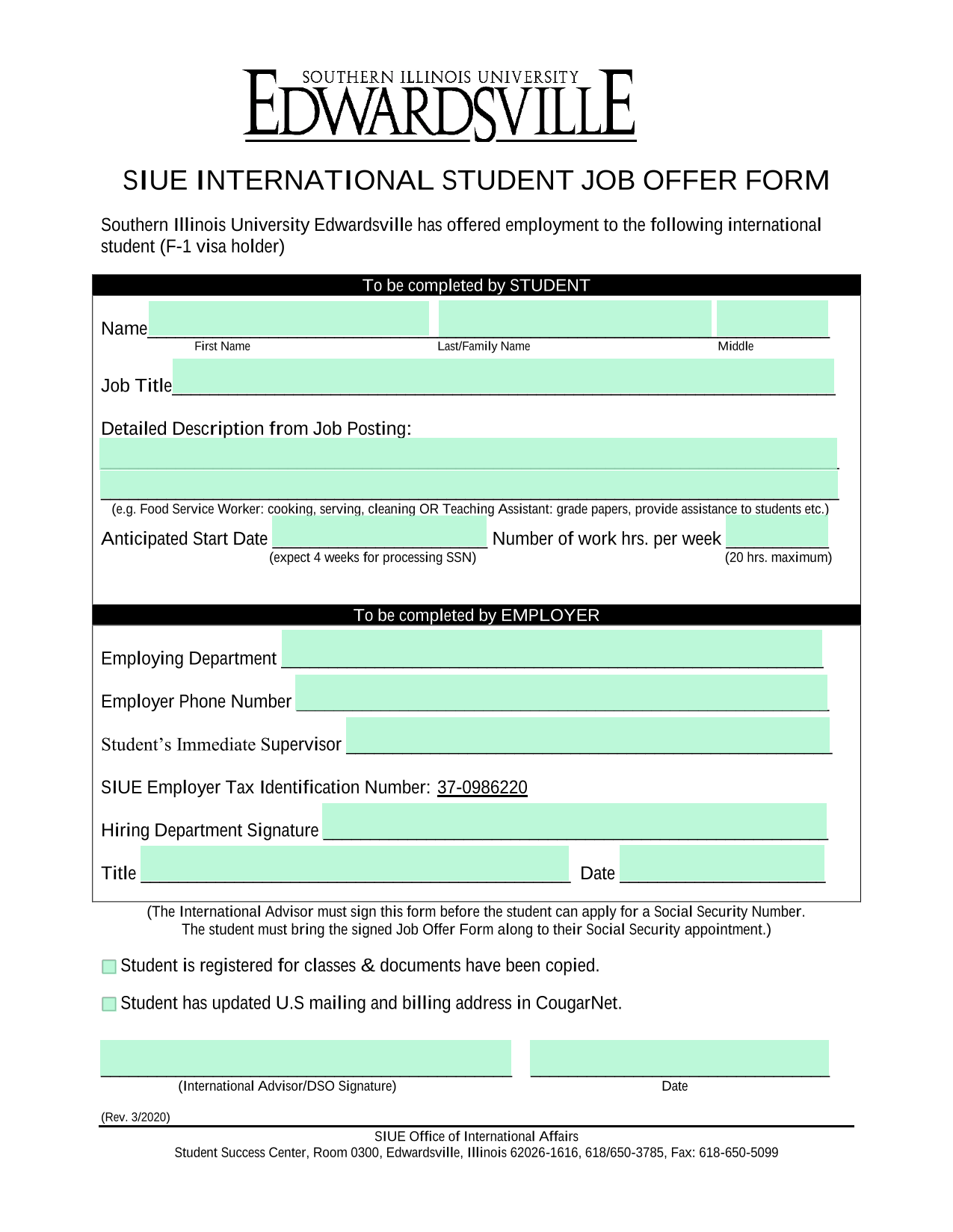 SIUE International Student Job Offer Form screenshot