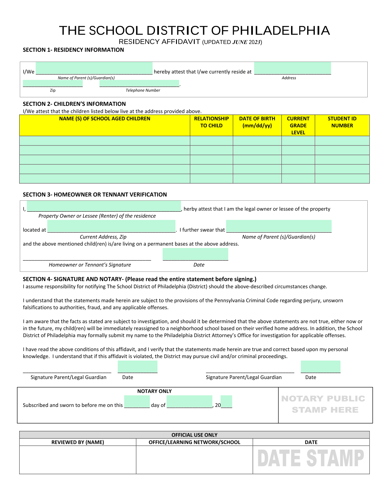 Residency Affidavit screenshot