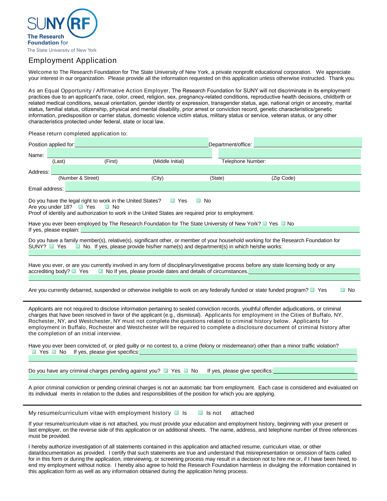 Employment Application screenshot