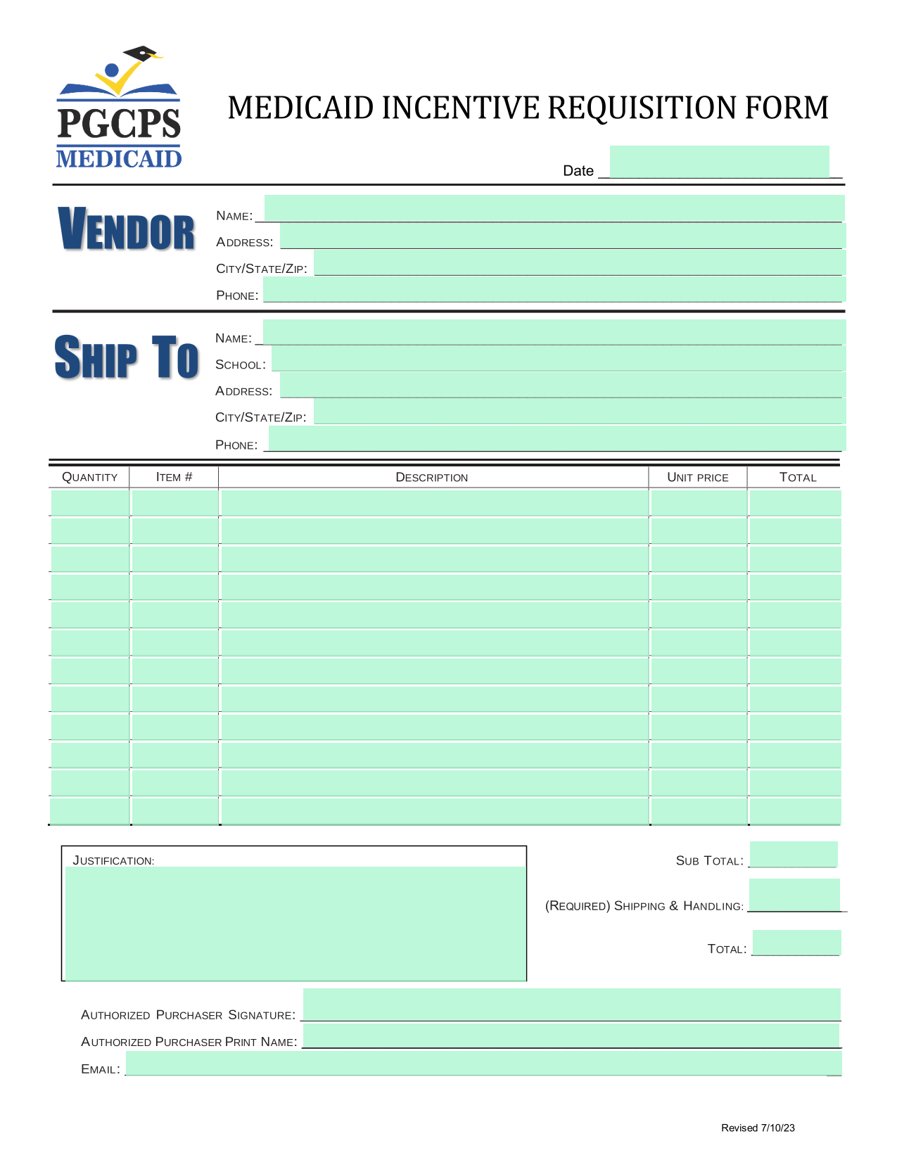 MEDICAID INCENTIVE REQUISITION FORM screenshot
