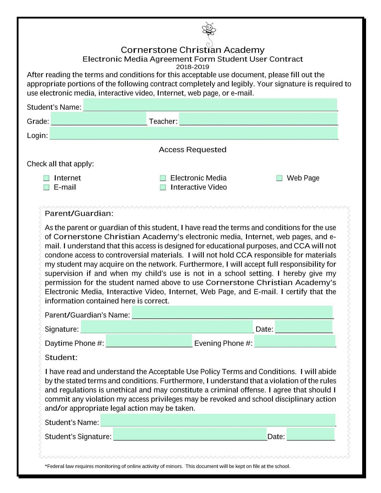 Electronic Media Agreement Form Student User Contract screenshot