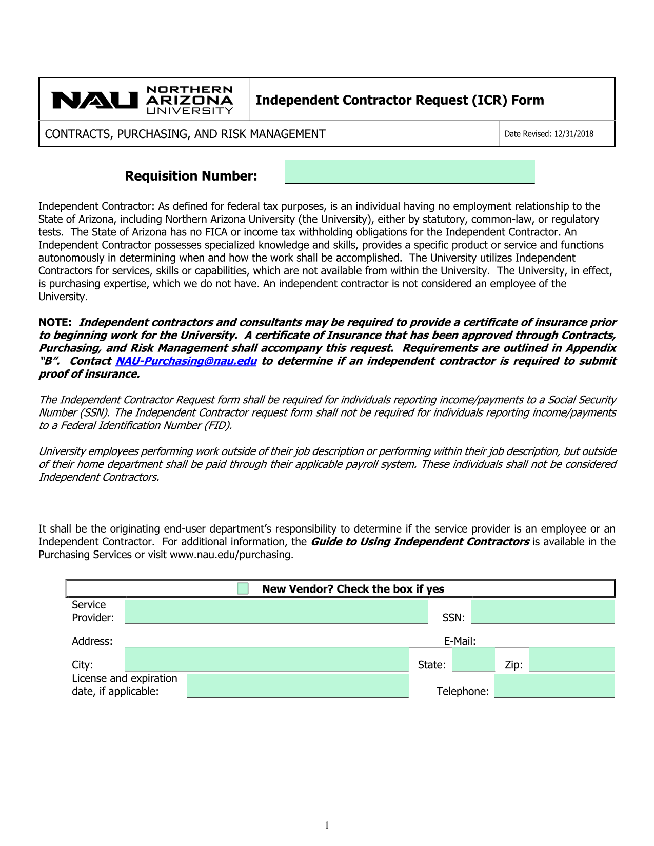 Independent Contractor Request (ICR) Form screenshot