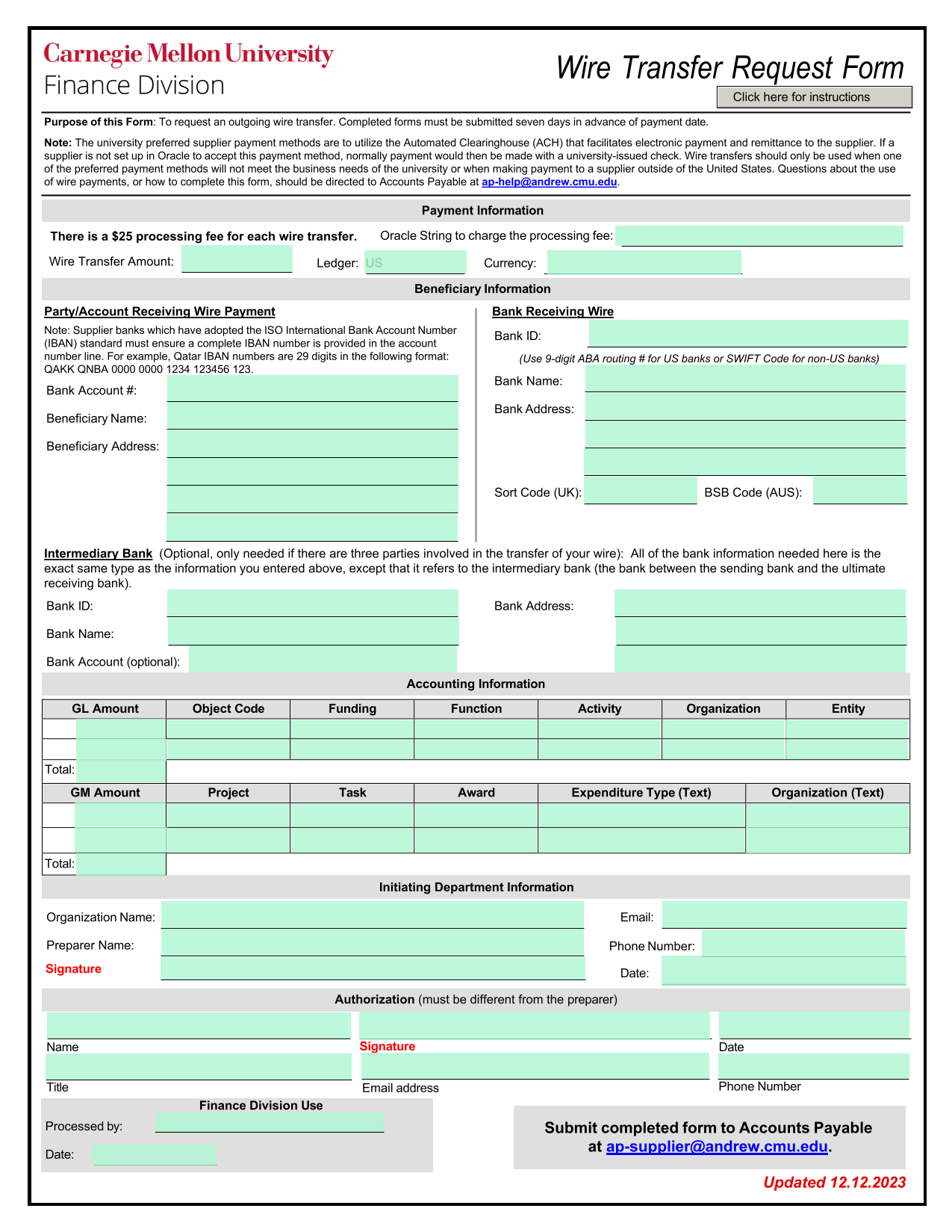 Wire Transfer Request Form screenshot