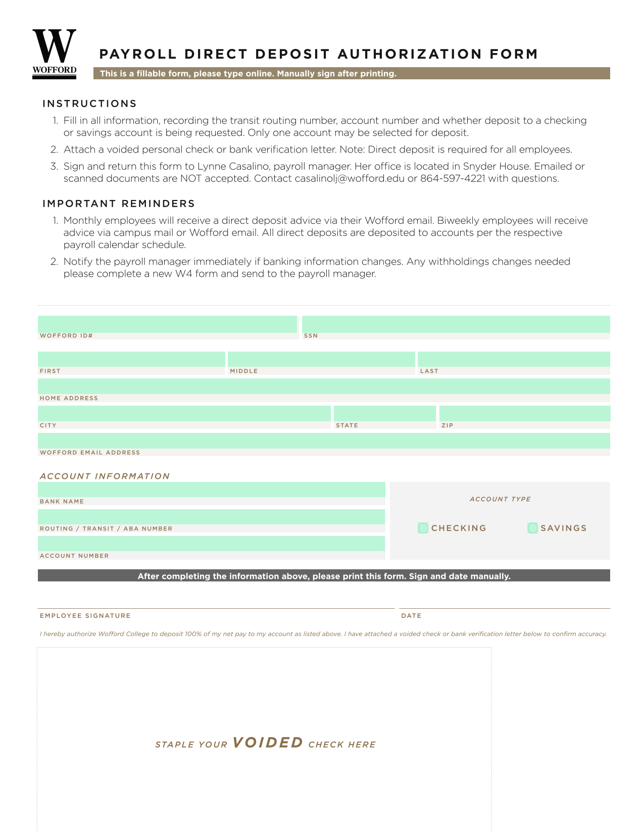 Payroll Direct Deposit Authorization Form screenshot