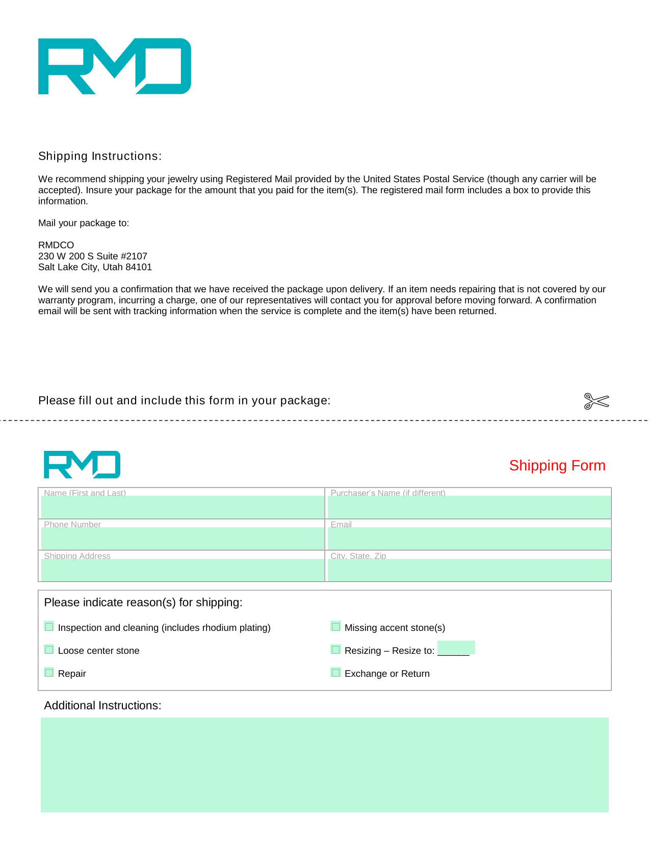 Shipping Form screenshot