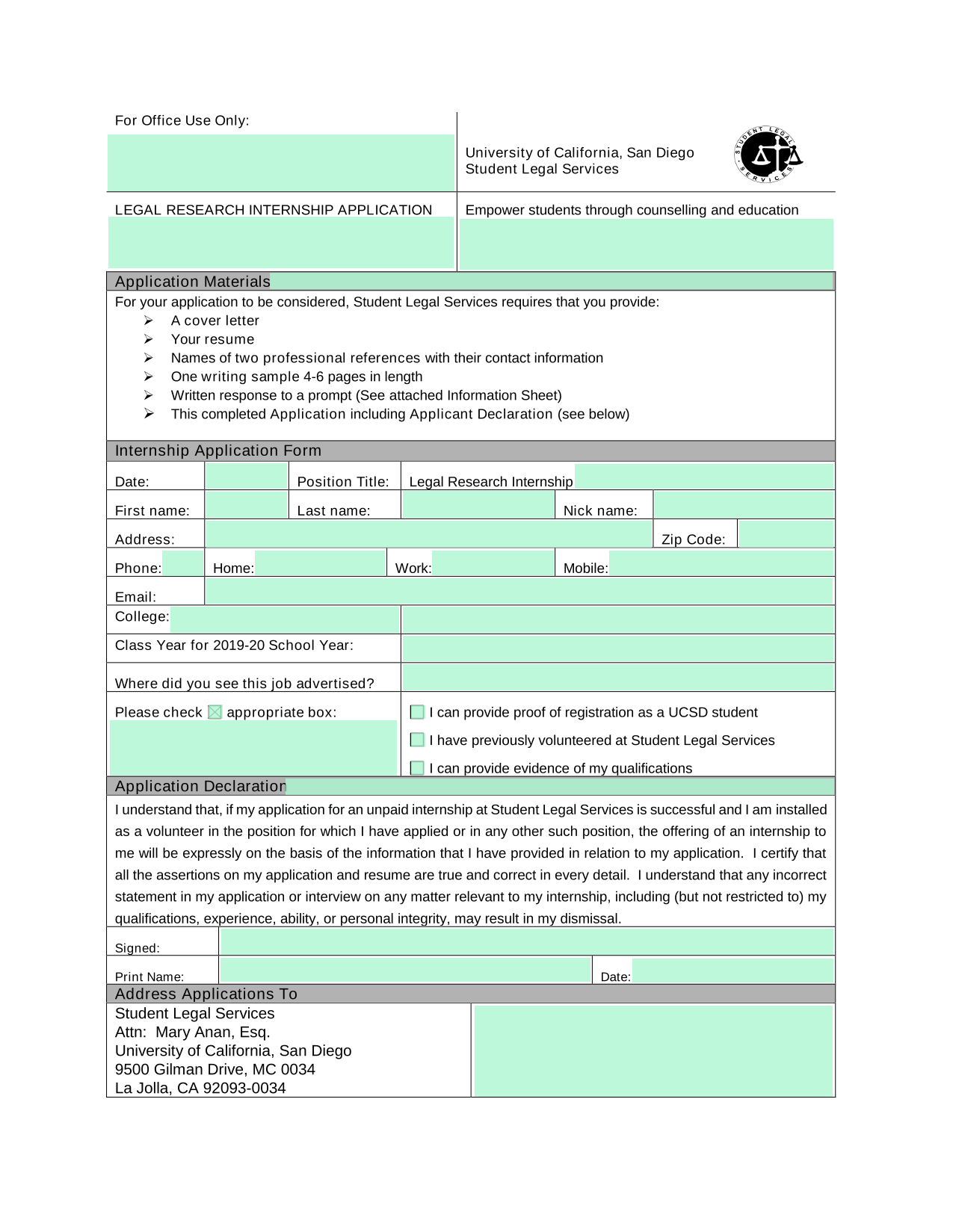 Student Legal Services Legal Research Internship Application screenshot