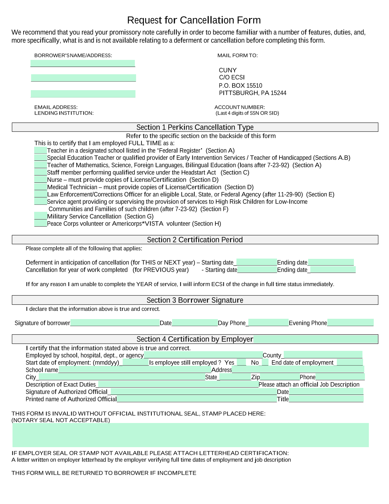 Request For Cancellation Form screenshot