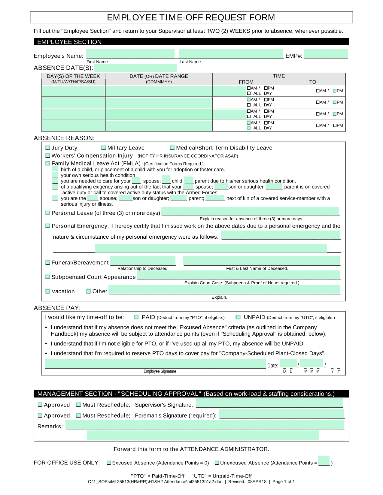 EMPLOYEE TIME OFF REQUEST FORM screenshot