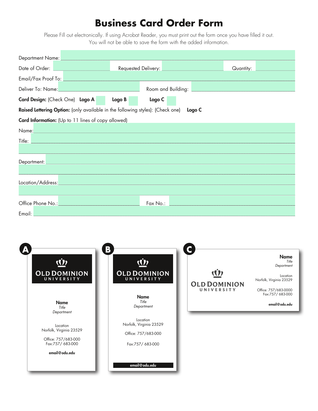 Business Card Order Form screenshot