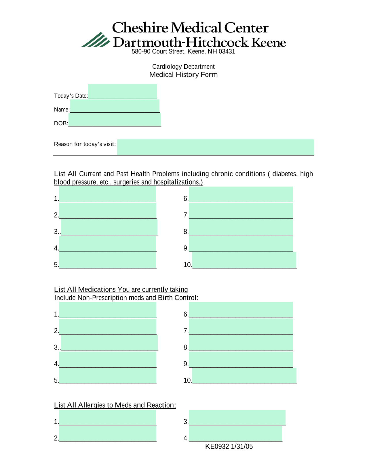 Medical History Form screenshot