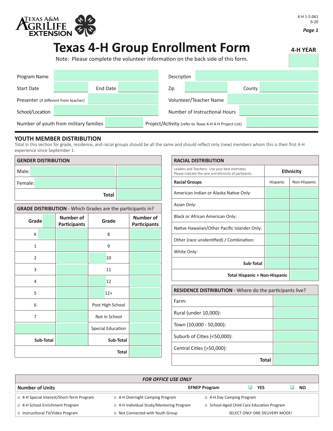 Texas 4 H Group Enrollment Form screenshot