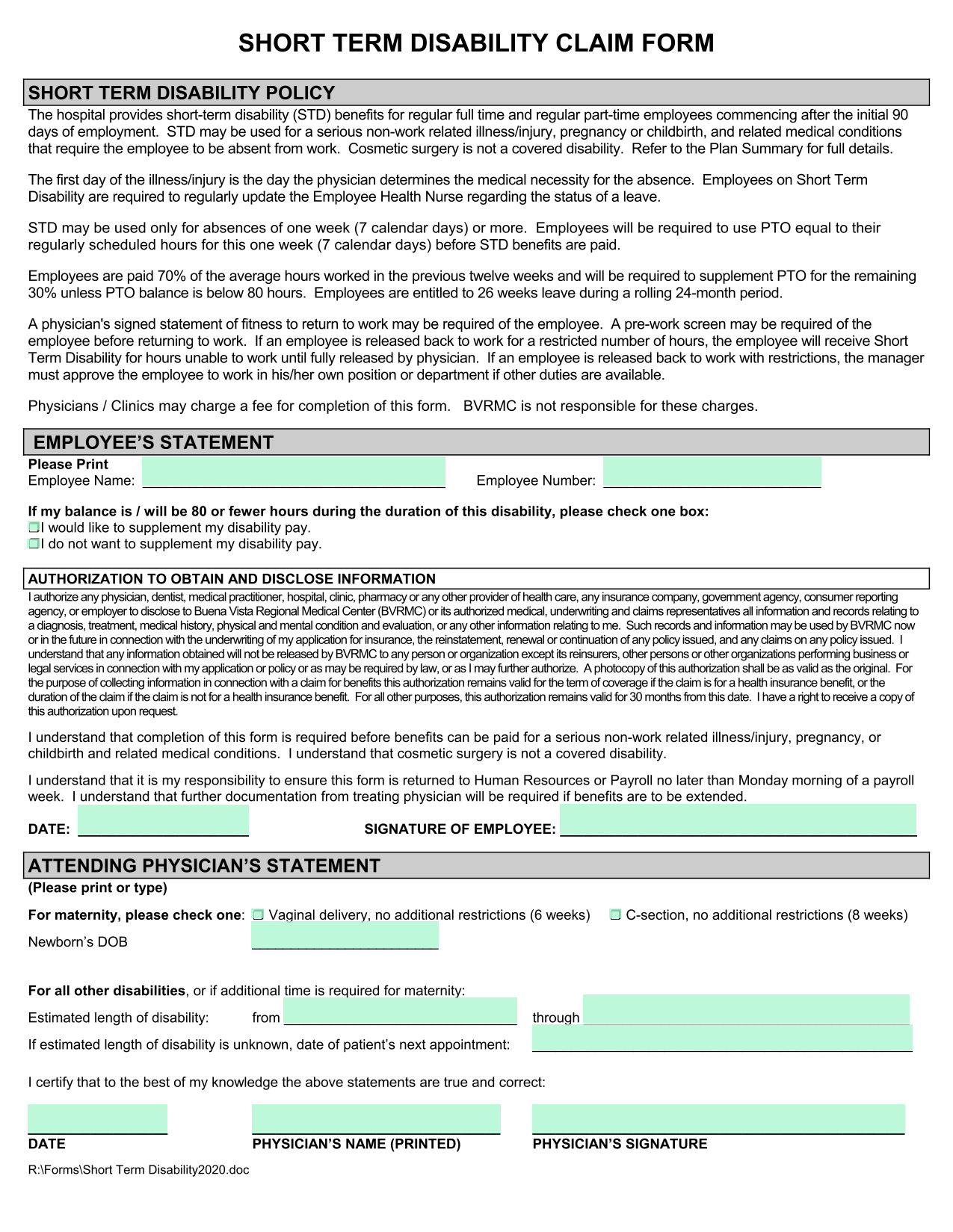 Short Term Disability Claim Form screenshot