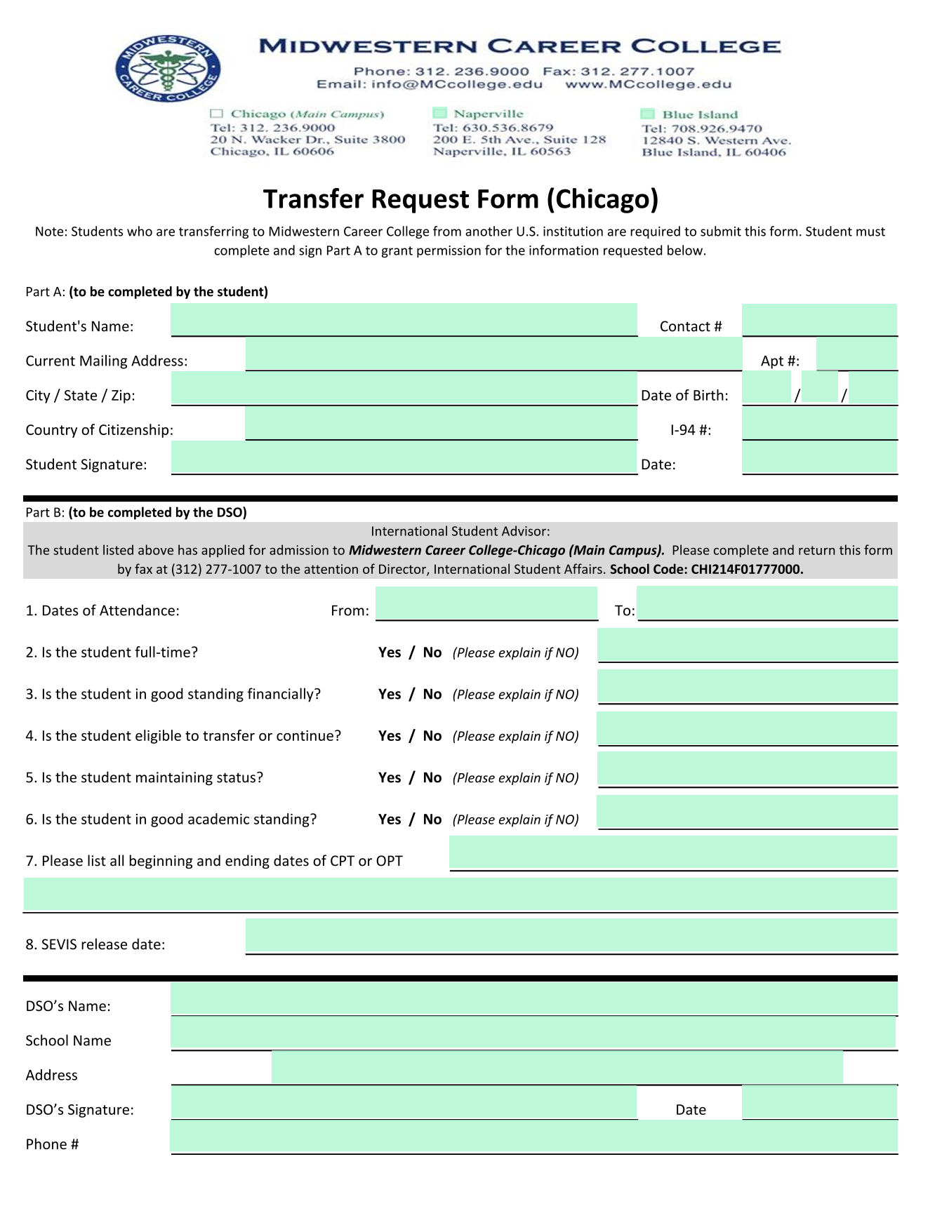Transfer Request Form (Chicago) screenshot