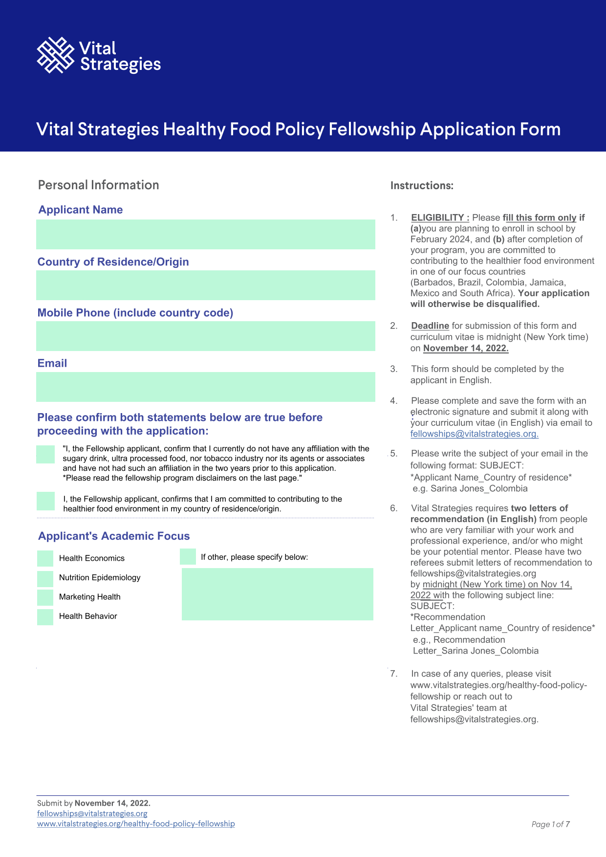 Vital Strategies Healthy Food Policy Fellowship Application Form screenshot