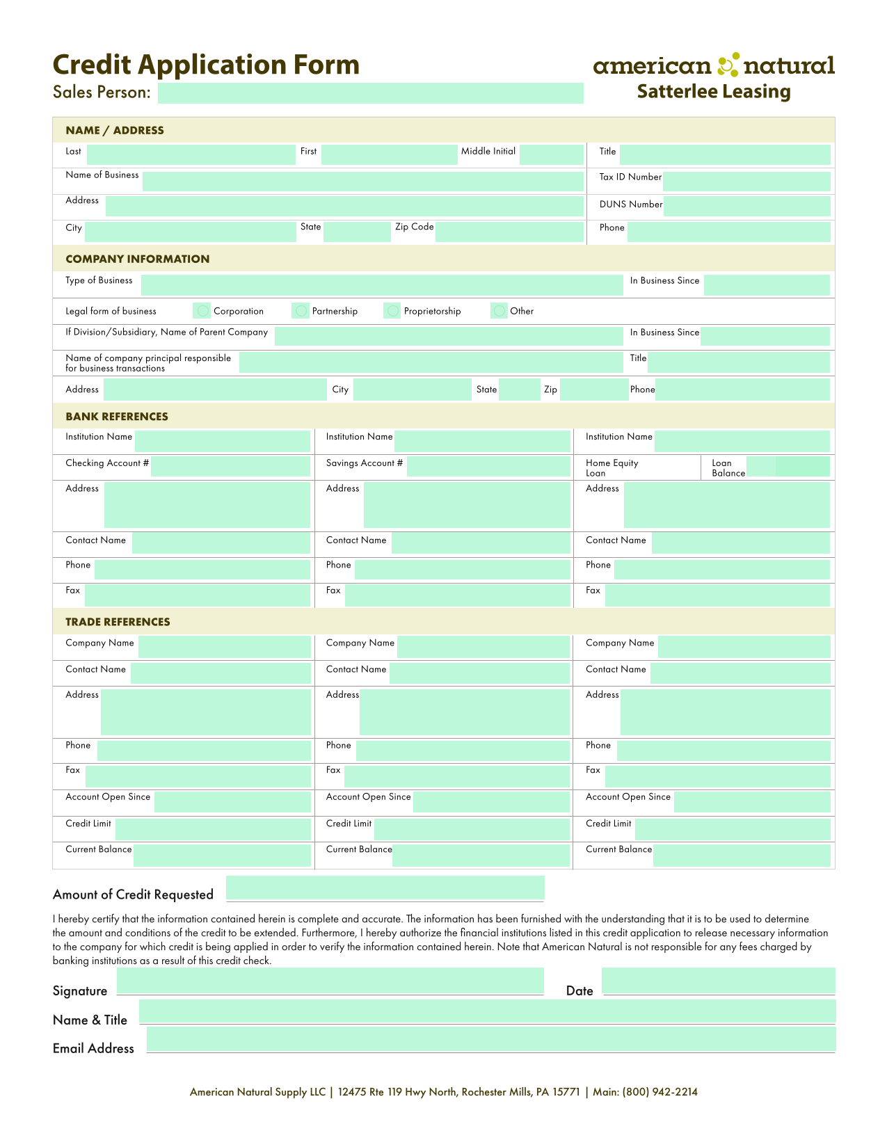Credit Application Form screenshot