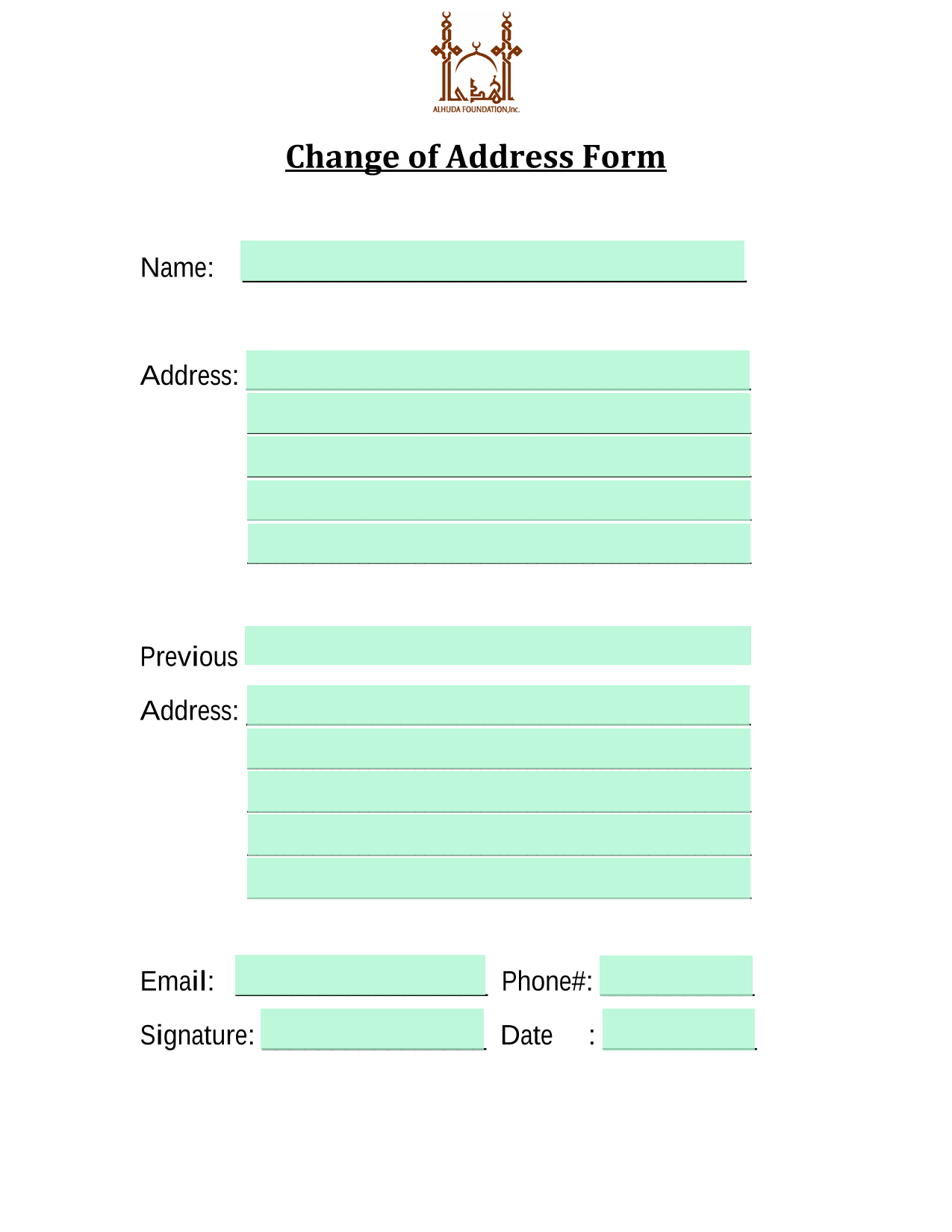 Change Of Address Form screenshot