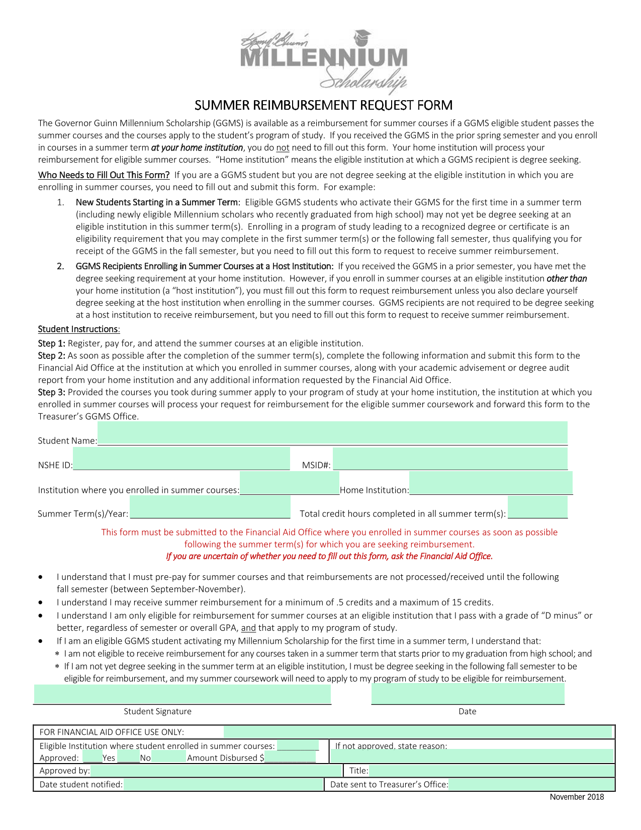 Summer Reimbursement Request Form screenshot