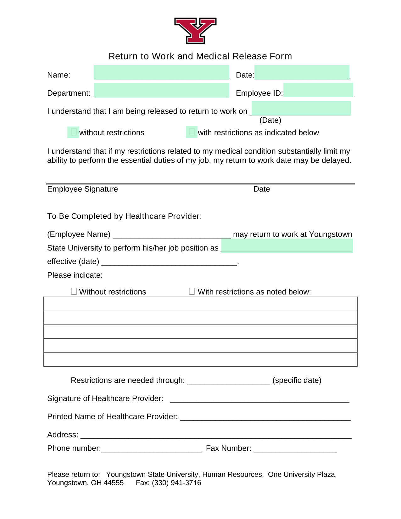 Return To Work And Medical Release Form screenshot