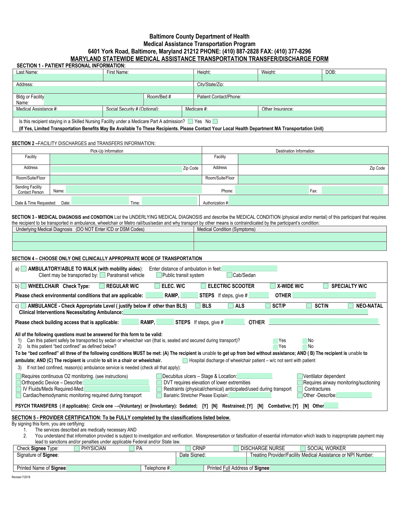 Maryland Statewide Medical Assistance Transportation TransferDischarge Form screenshot