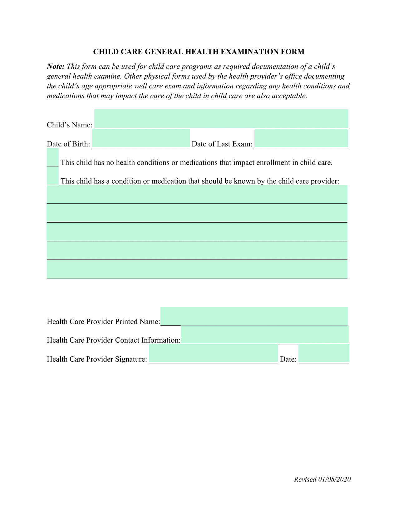 Child Care General Health Examination Form screenshot