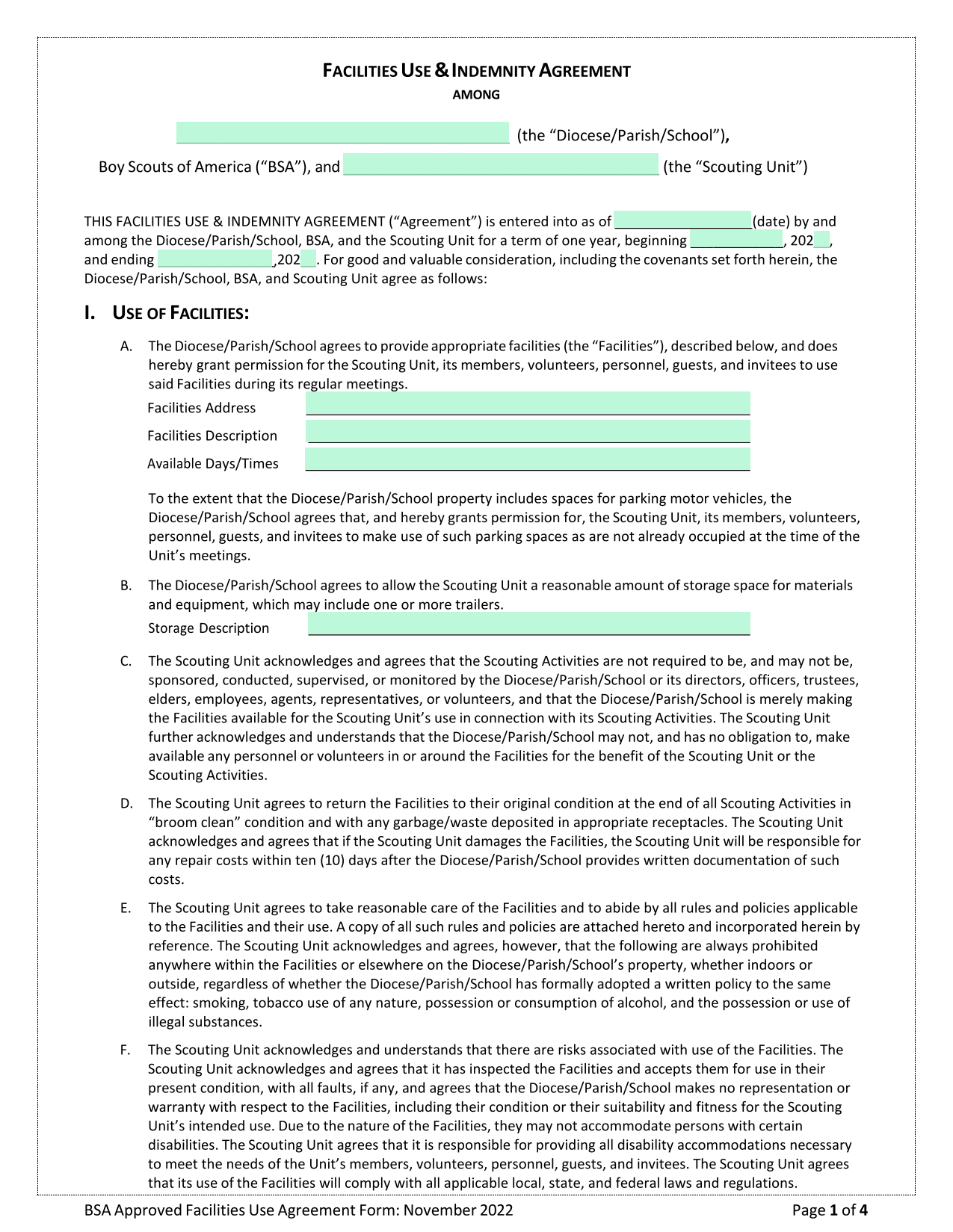 BSA Approved Facilities Use Agreement Form screenshot