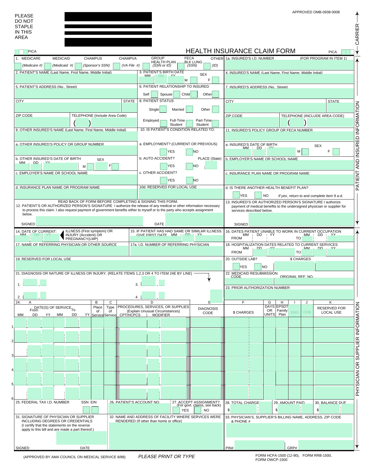 HEALTH INSURANCE CLAIM FORM screenshot