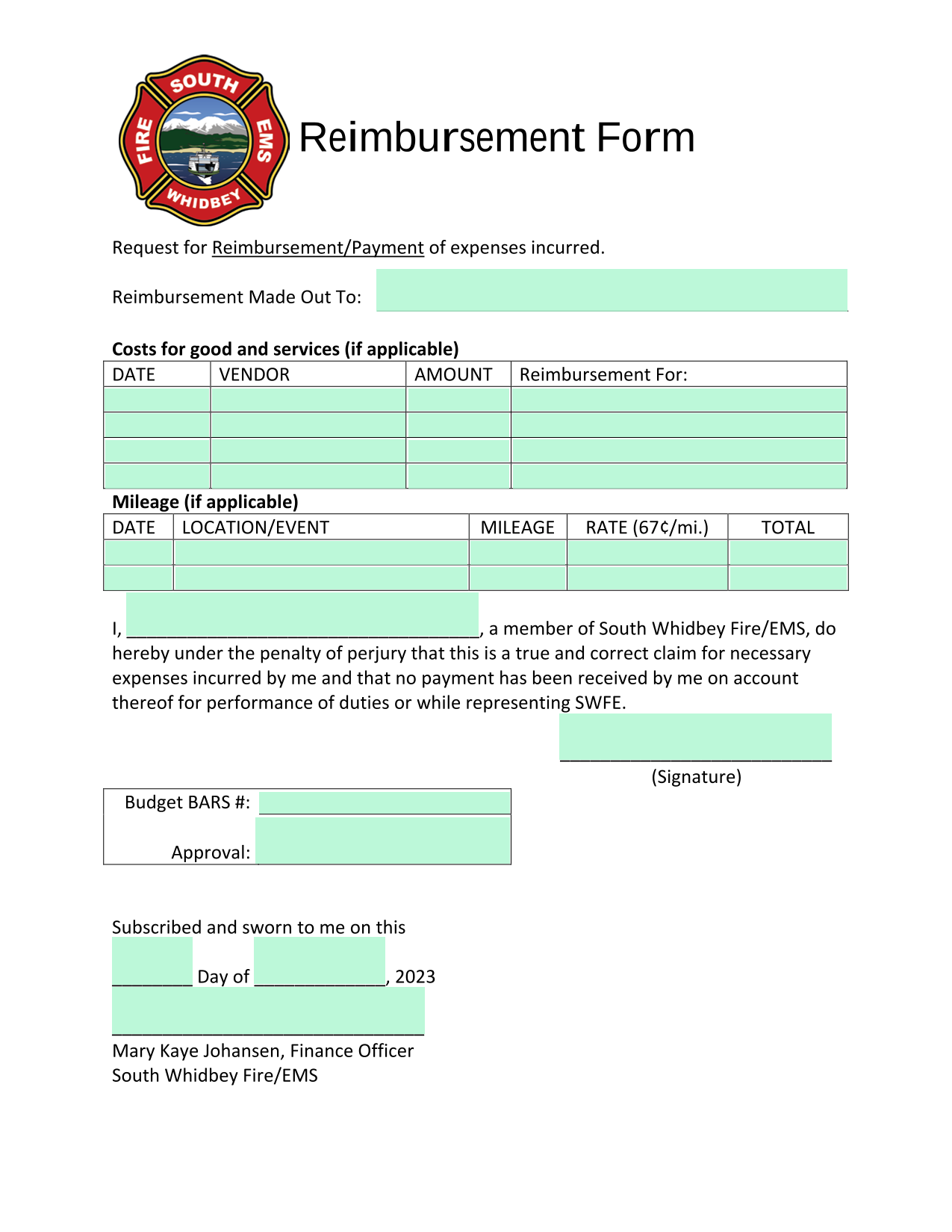 Reimbursement Form screenshot