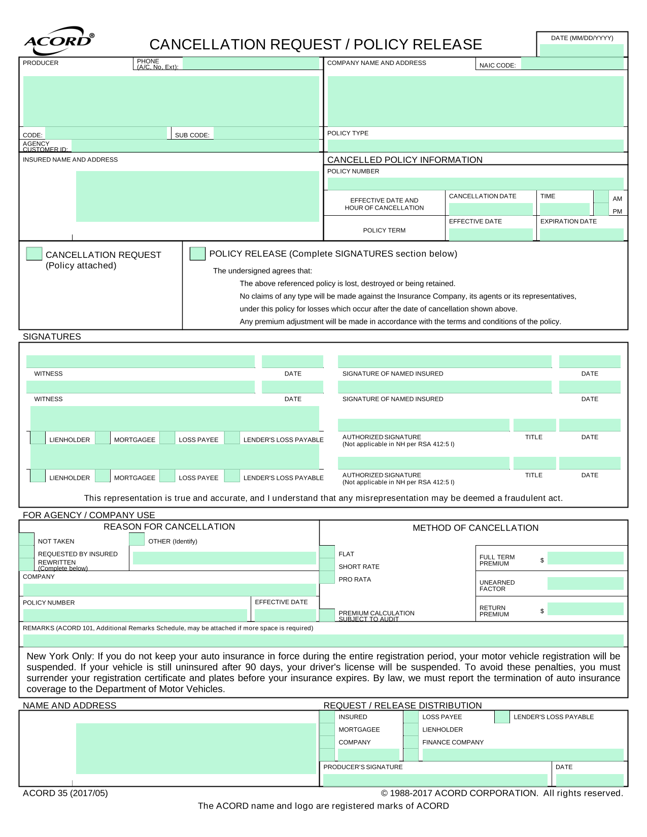 ACORD 35 Cancellation Request  Policy Release screenshot