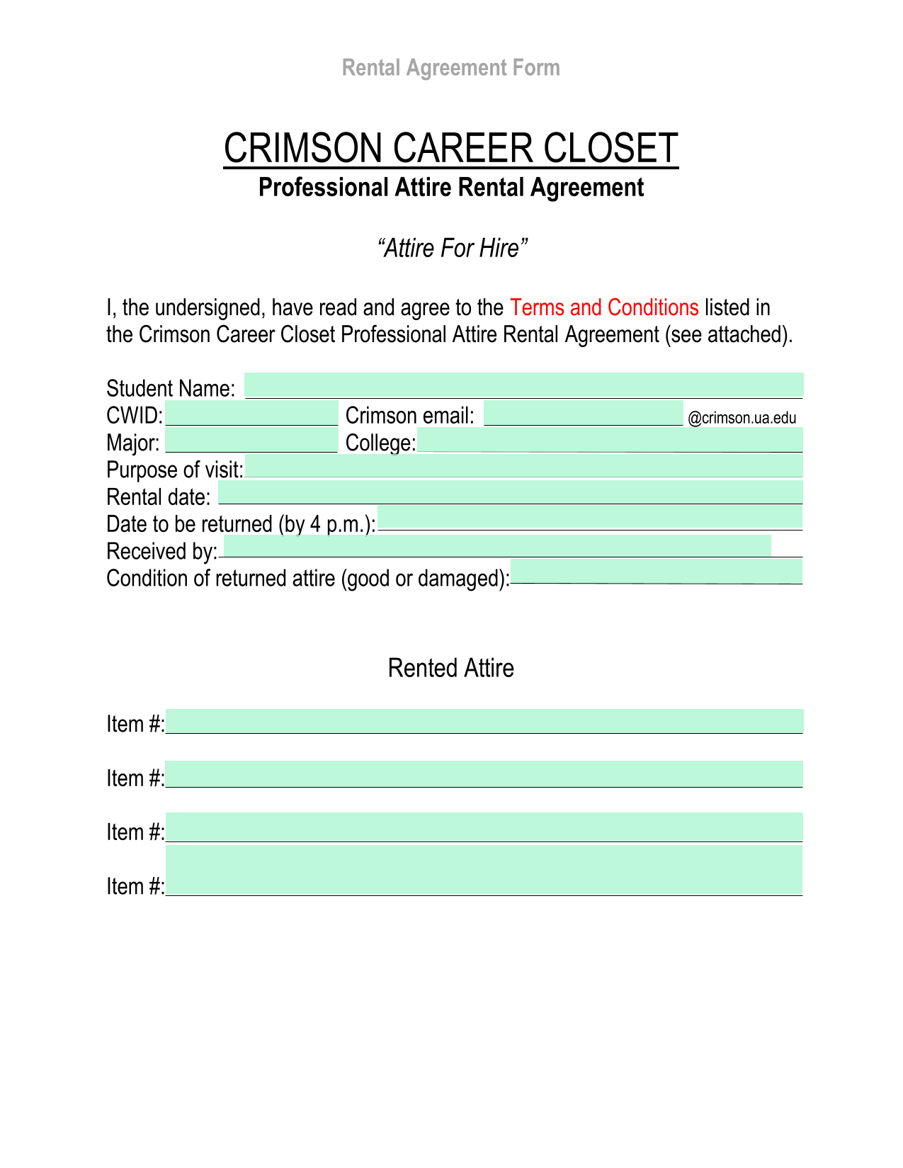 Rental Agreement Form screenshot