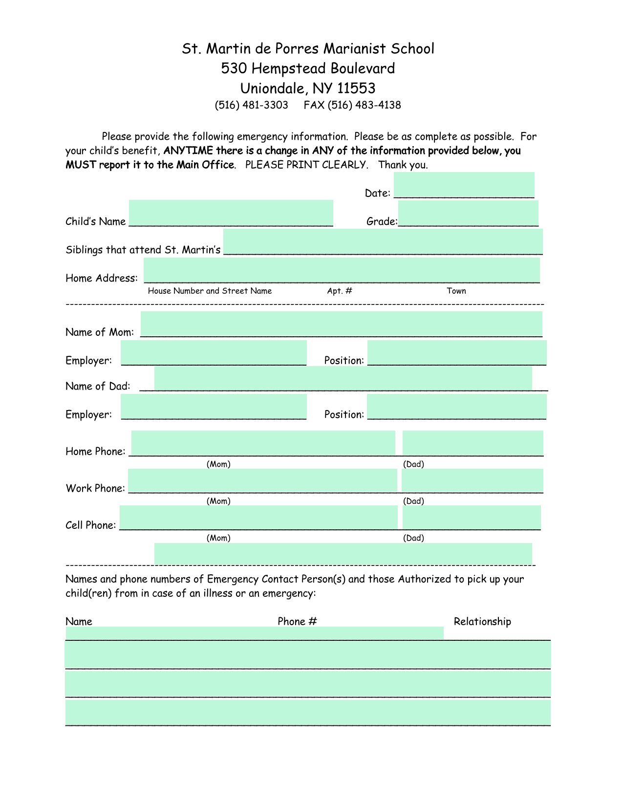 Emergency Contact Information Form screenshot