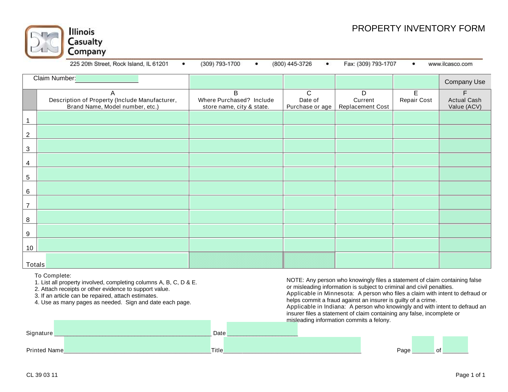 PROPERTY INVENTORY FORM screenshot