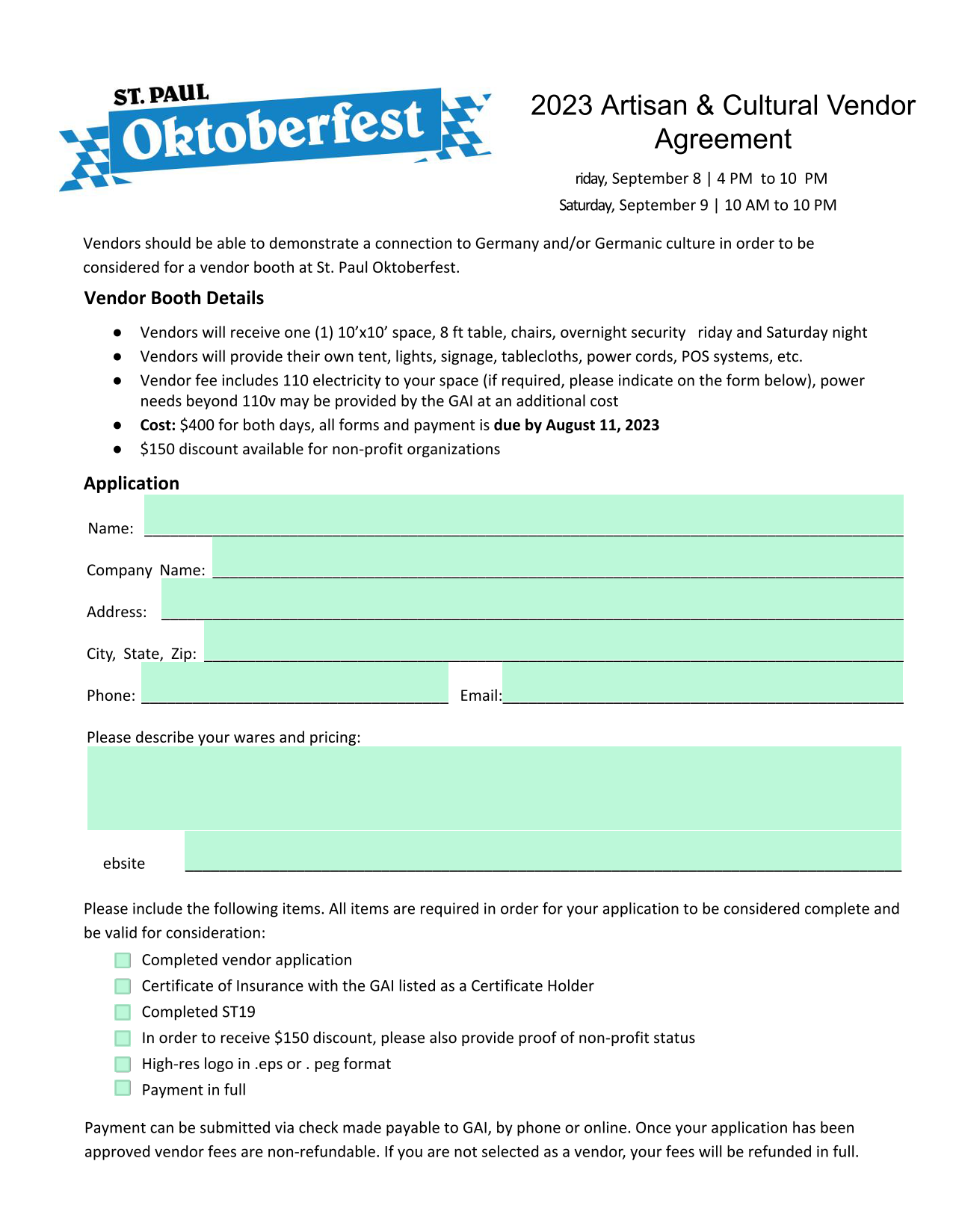 2023 Artisan  Cultural Vendor Agreement screenshot