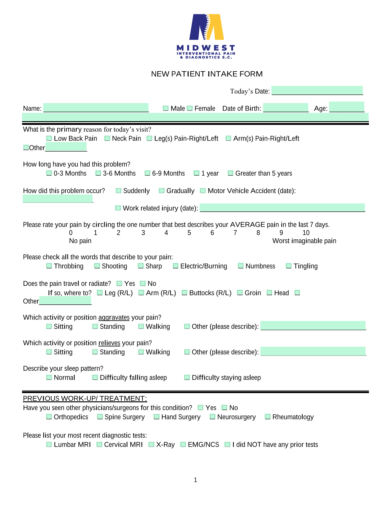 NEW PATIENT INTAKE FORM screenshot