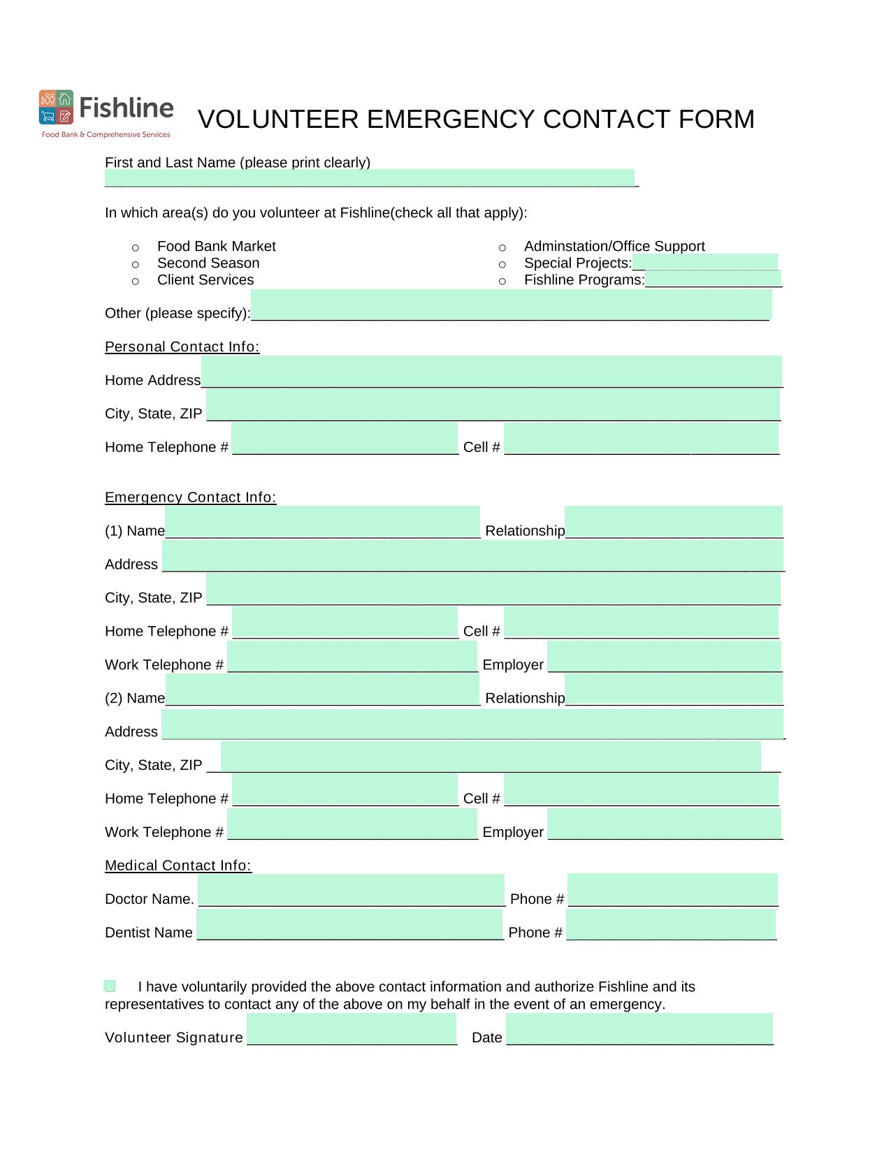 Volunteer Emergency Contact Form screenshot