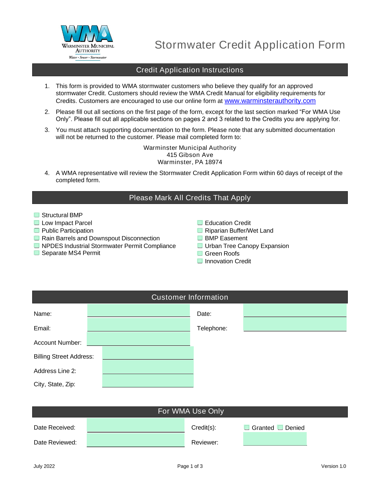Stormwater Credit Application Form screenshot