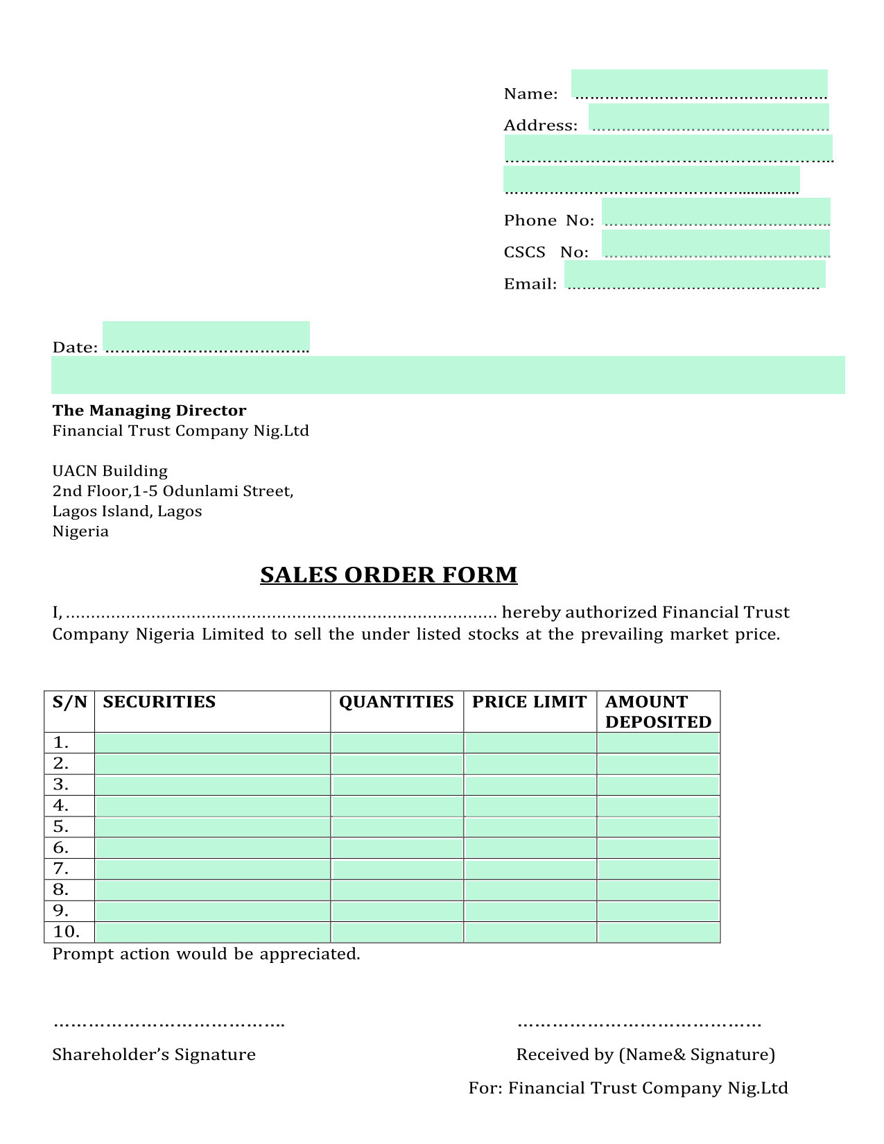Sales Order Form screenshot