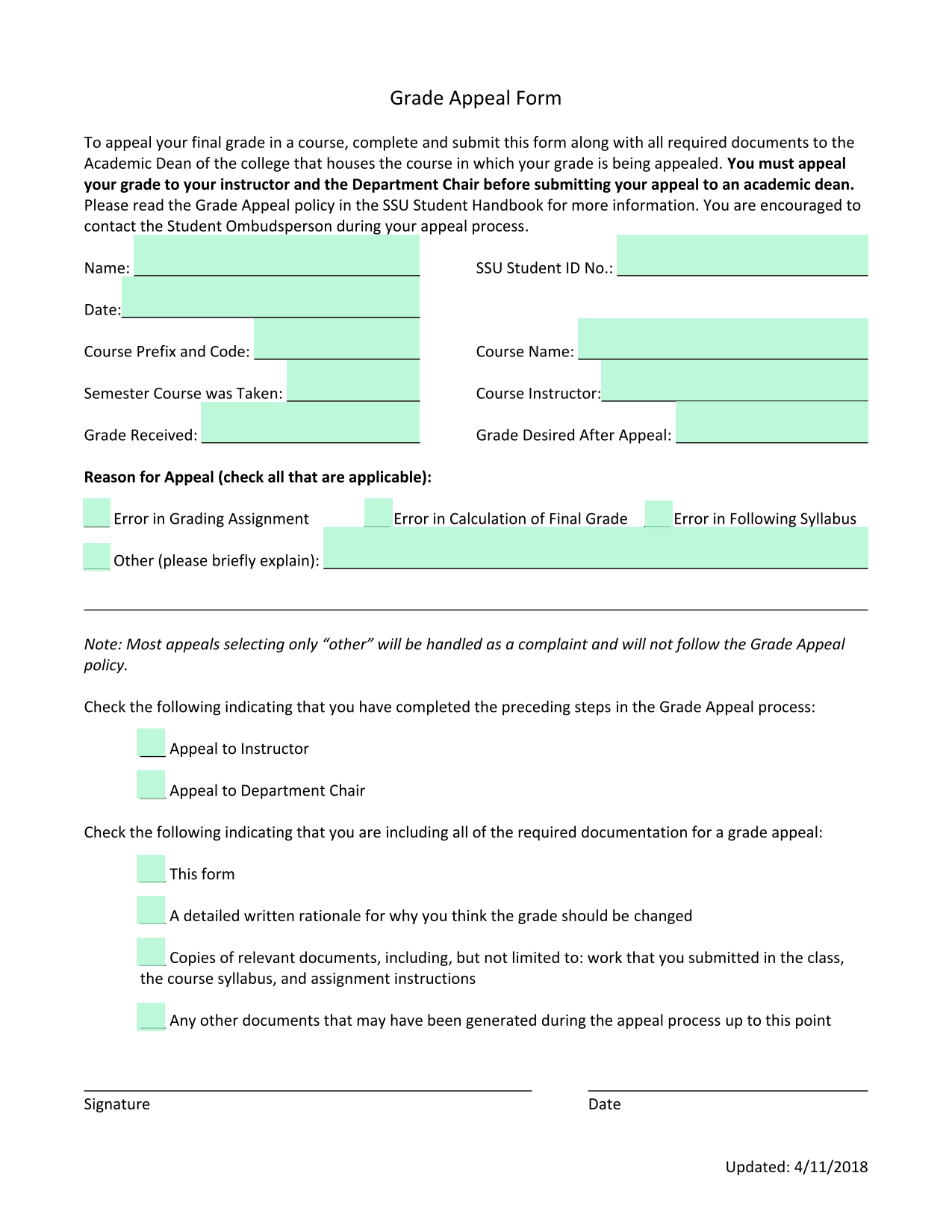 Grade Appeal Form screenshot