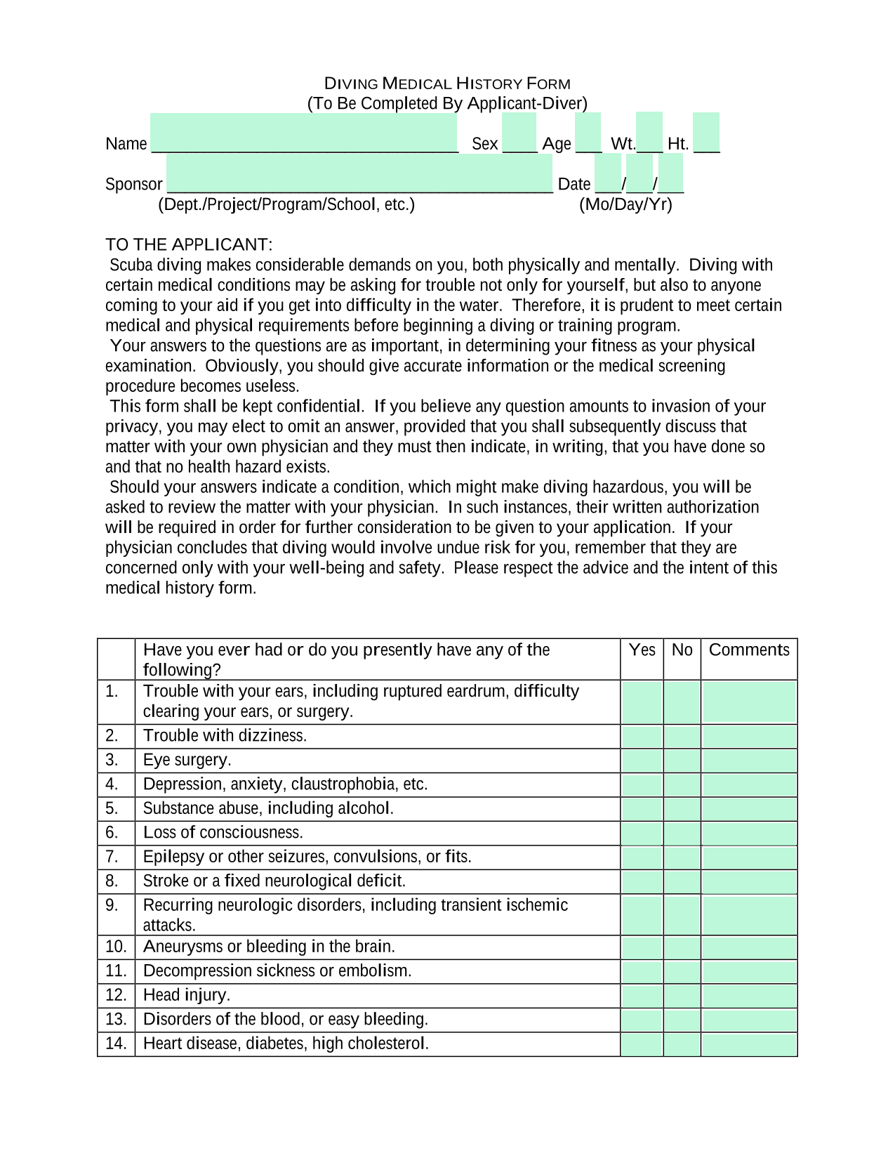 DIVING MEDICAL HISTORY FORM screenshot