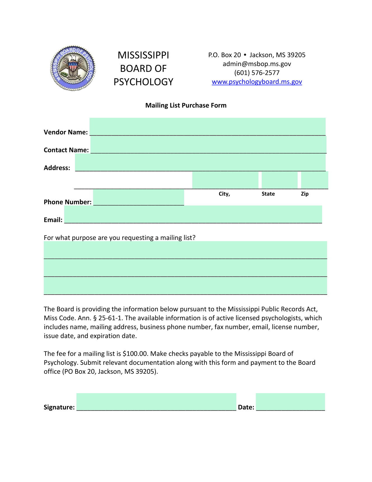 Mailing List Purchase Form screenshot