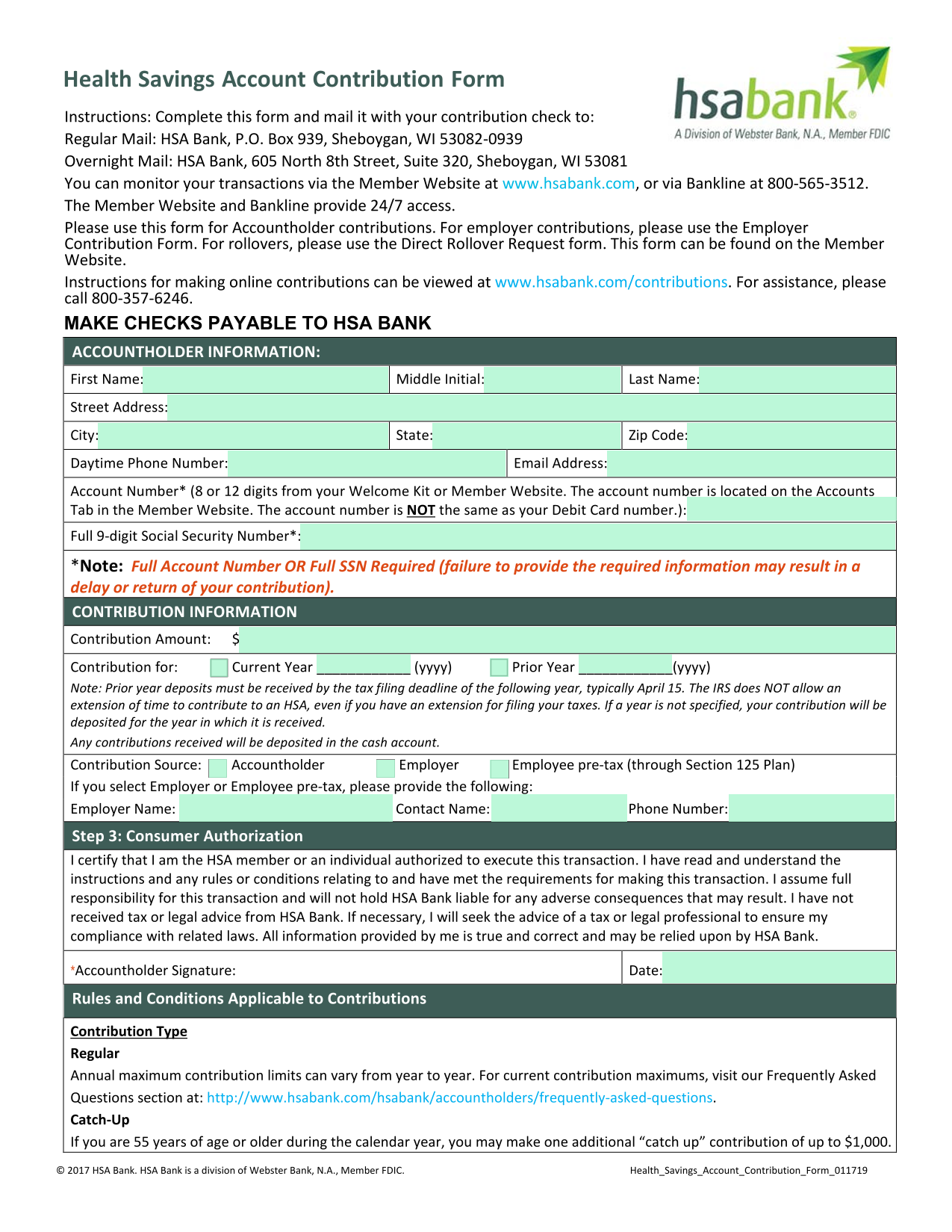 Health Savings Account Contribution Form screenshot