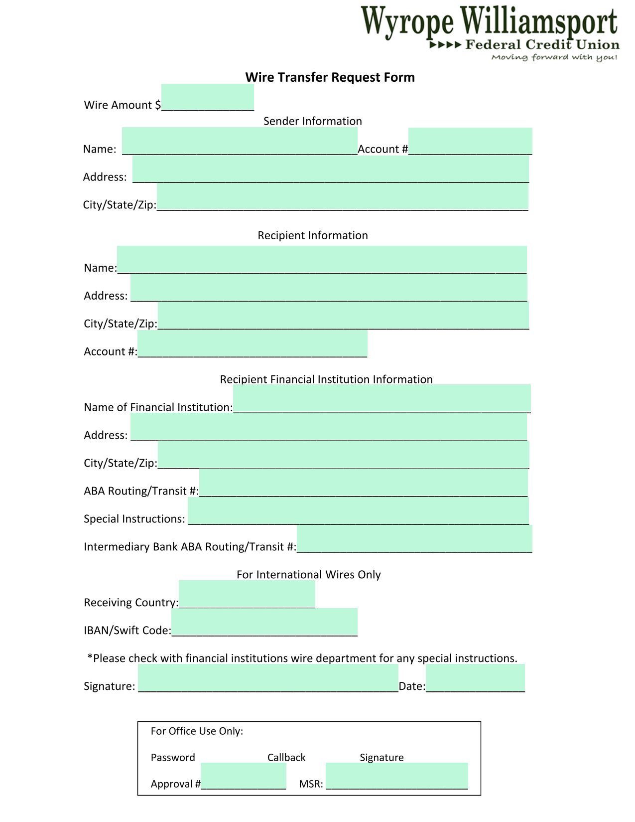 Wire Transfer Request Form screenshot