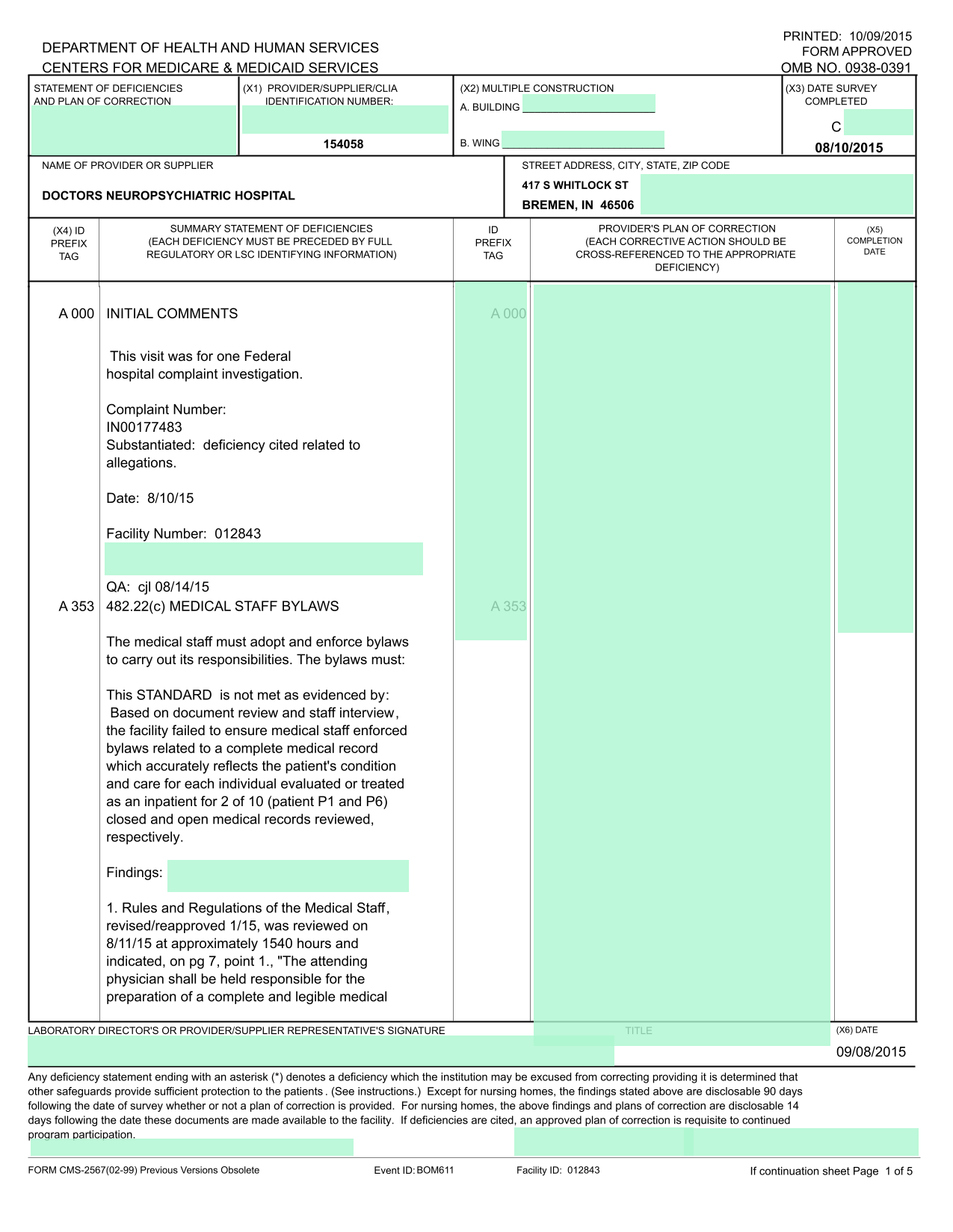 Statement Of Deficiencies And Plan Of Correction screenshot