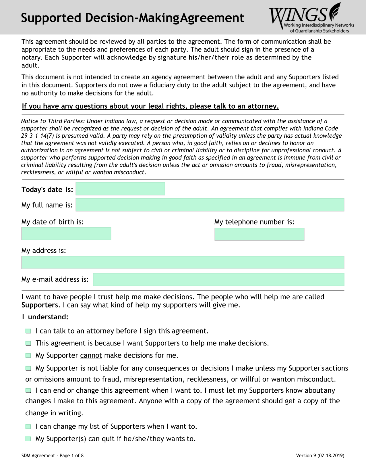 Supported Decision Making Agreement screenshot