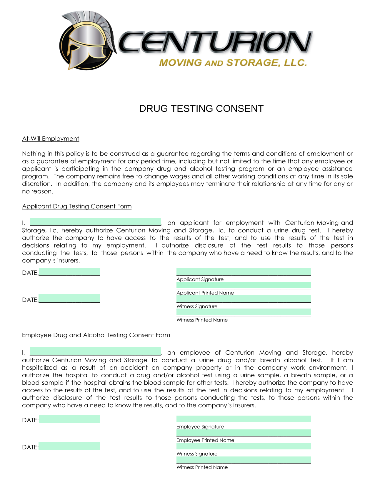 Drug Testing Consent screenshot