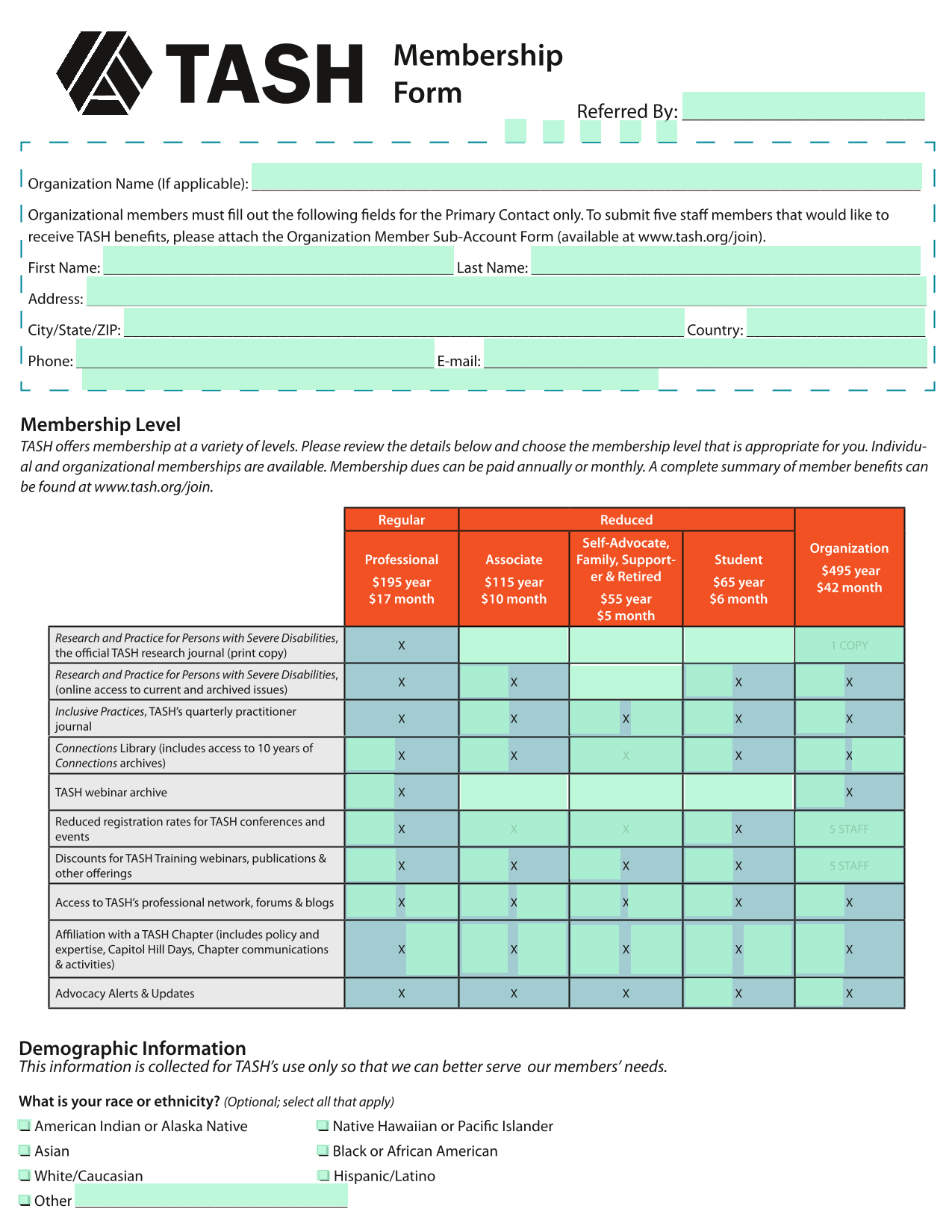 TASH Membership Form screenshot